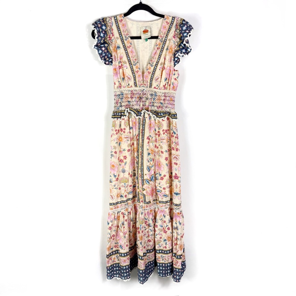 Farm Rio Superbloom Tapestry Cream Dress Floral V Neck Ruffle Sleeve Sz S - Picture 6 of 15
